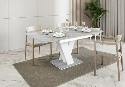 Produktbild von Esstisch MASIV, Stilvoll Ausziehbar Esszimmertisch, Design Tisch, Esszimmer (Beton + Weiss Hochglanz)