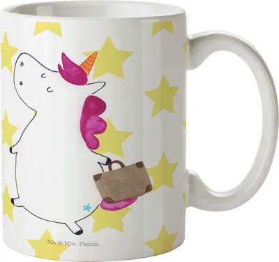 Produktbild von Mr. & Mrs. Panda Kaffeetasse Einhorn Koffer - Weiß - Geschenk, Unicorn, Gepäck, Tasse, Erwachsen, mit Spruch, Kaffeebecher, Teetasse, Spaß, haferl