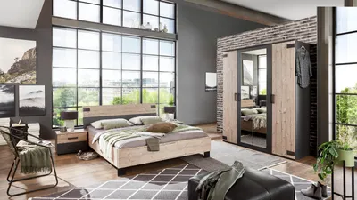 Produktbild von Komplettschlafzimmer "Malmö" aus Spanplatte in Graphit mit Absetzungen in Silver Fir-Nahcbildung. Abmessungen (B/H/T) 433x210x210 cm