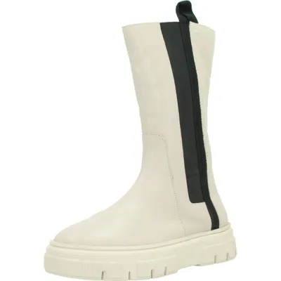 A single cream-colored boot with a black stripe down the side and a thick platform sole, shown against a white background.