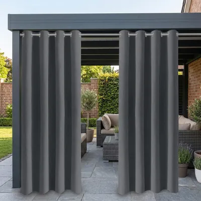 Produktbild von 2 Stück Außen Vorhang Wetterfest Blickdicht Outdoorvorhänge Sonnenschutz Wasserdicht Gardinen Ösenschal für Terrasse Balkon Hof, B132xH213cm, Dunkelgrau
