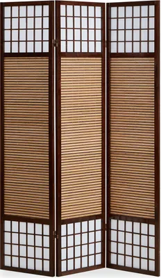 Image de Paravent en Bois 3 Parties Séparateur de Pièce Brun Espagnol Mur avec Bambou Pliable