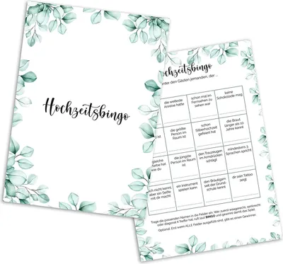 Produktbild von Hochzeitsbingo Karten mit je 16 Aufgaben - Lustiges Hochzeitsspiel für Gäste zum Kennenlernen (Eukalyptus, 50x Stück)