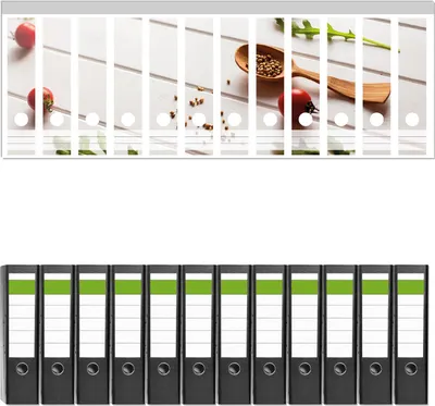Produktbild von Wallario 12 Stück breite Ordner inkl. Klebeetiketten mit Motive Küche  Ruccola, Tomaten und Gewürze -  Set mit Rückenschildern / Ordnerrücken Stickern