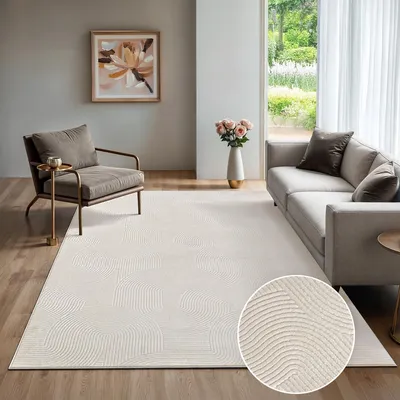 Produktbild von Moderner Kurzflor Teppich, weich und pflegeleicht, mit Anti-Rutsch, 3D-Optik, für Wohnzimmer und Schlafzimmer, Creme, 80 x 150 cm
