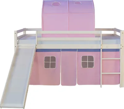 Produktbild von Homestyle4u Kinderbett 90x200 Weiß Hochbett mit Rutsche Vorhang Tunnel Rosa Holz Kiefer