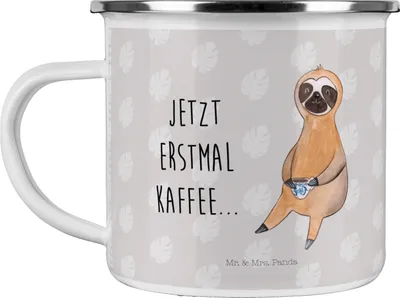 Produktbild von Mr. & Mrs. Panda Emaille Becher Faultier Kaffee - Grau Pastell - Geschenk, Pott, Teetasse, Haferl, Tasse, faul, Coffee, Kaffeetasse