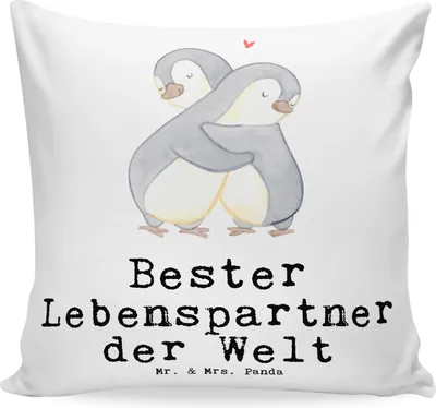 Produktbild von Mr. & Mrs. Panda Kuschel Kissen Pinguin Bester Lebenspartner der Welt - Weiß - Geschenk, Freundin, Verliebt, Ehemann, Liebe, Sofakissen, Kuschelkissen, Hochzeitstag, Deko