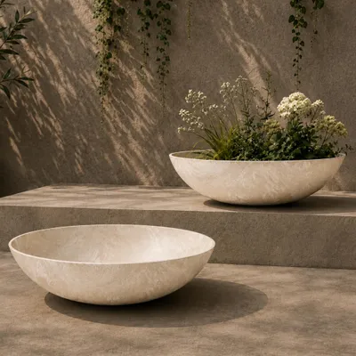 Produktbild von Flache Pflanzschalen für draussen Dekoschalen rund beige sand 45 cm