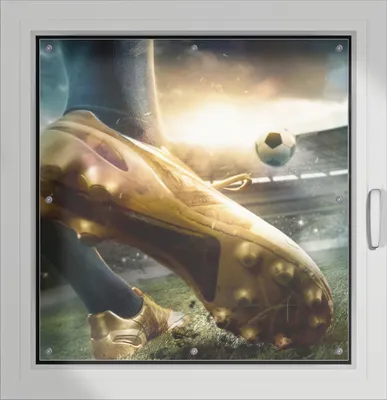 Produktbild von Wallario Lichtschutzbild, Dekorativer Sichtschutz Sonnenschutz 96 x 100 cm mit Motiv: Fußball Goldschuh auf dem Feld - Verdunklung ohne Bohren