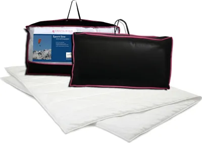 Two black storage bags with pink trim and a white duvet are displayed on a white background. One bag has a product label visible.