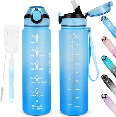 Produktbild von Sport-Trinkflasche BPA-frei 1L mit Strohhalm und Zeitmarkierungen