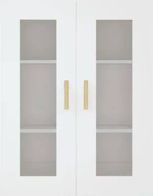 A white cabinet with two glass doors and gold handles.