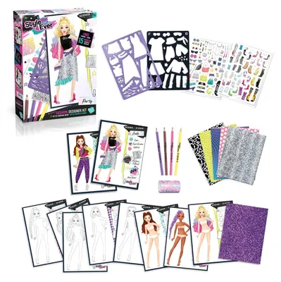 Produktbild von Modedesign Set Modedesign-Spielzeug - 8 Schaufensterpuppen - Selbstklebende Stoffe - Sticker und Buntstifte - Für kreative Kinder