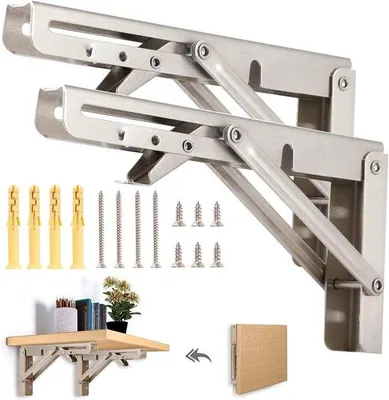 Image de Ibenzoa® Console pliante en acier inoxydable, 200 mm, lot de 2, en acier inoxydable (304), supports muraux pliables, capacité de charge de 60 kg pour étagères et tables