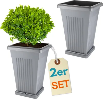 Produktbild von 2er Set Pflanzkübel Pyramide Pflanzkübel Groß Außen Blumenkübel Outdoor Pflanztopf Pflanzkasten Blumentopf mit Untersetzer Rechteckig 50 Grau