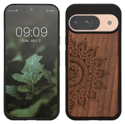 Produktbild von kwmobile Handyhülle für Google Pixel 9 / Pixel 9 Pro Hülle Holz - Case mit TPU Bumper - Stoßfestes Hardcase - Schutzhülle Cover in Dunkelbraun