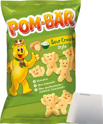 Produktbild von Pom-Bär Sour Cream Kartoffelsnack (75g Packung) + usy Block
