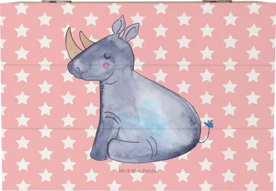 Produktbild von Mr. & Mrs. Panda Kiste Einhorn Nashorn 22 x 15 cm - Rot Pastell - Geschenk, Unicorn, aufbewahrungskiste mit deckel, holz, Regenbogen, Zoo, Schatzkiste, Lustig, Schatulle