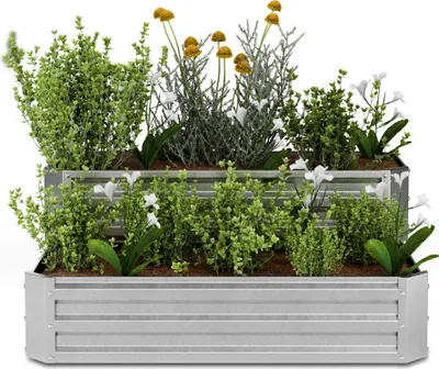 Zdjęcie produktu dla Blumfeldt Hochbeet 120x90, 2 poziomy, odporne na warunki atmosferyczne i korozję, ocynkowana stal do warzyw i ziół, otwarta struktura podłoża, łatwy montaż, srebrny