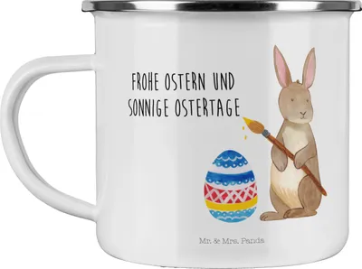 Produktbild von Mr. & Mrs. Panda Emaille Becher Hase Eier Malen - Weiß - Geschenk, Outdoor, Osterhase, Teetasse, Ostern, Tasse, Kaninchen, Haferl, Frohe, Ostergrüße, Pott