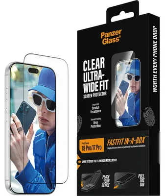 Produktbild von PanzerGlass ® Displayschutz iPhone 18 Pro | 17 Pro | Ultra-Wide Fit m. FASTFIT IN-A-BOX, Apple - iPhone 18 Pro, Apple - iPhone 17 Pro, Trockene Anwendung, Kratzresistent, Schockresistent, Transparent, 1 Stück(e)