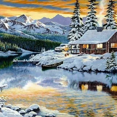 Image de Kit de peinture par numéros, "Chaumière enneigée au bord du lac", format 50x40, avec cadre, pour les créatifs