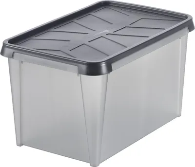 A clear, studio shot of a storage box with a lid.