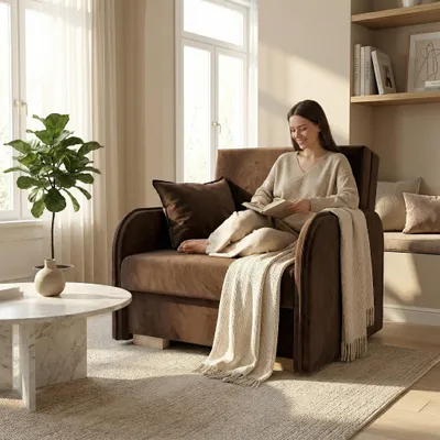 Produktbild von Wohnero 24 Goldi 1 Premium Schlafsessel 90x100 cm mit Schlaffunktion & Bettkasten – Hochwertiger Klappsessel 80x195 cm, Design Sofa Braun