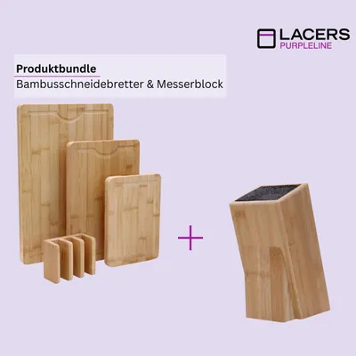 Produktbild von Lacers PurpleLine-Bundle - Holzschneidebrett 4-teilig aus Bambus mit Saftrille & rutschfesten Füßen-Messerblock Bambus mit Borsteneinsatz OHNE MESSER