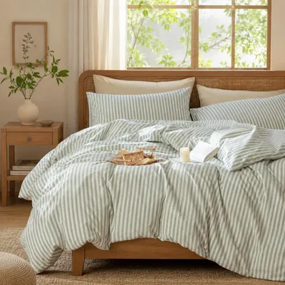 Immagine prodotto di TRANKIELO® - Set di lenzuola 220x240 cm - 100% cotone - A righe verdi e bianche - Adatto a persone con allergie - Chiusura con cerniera