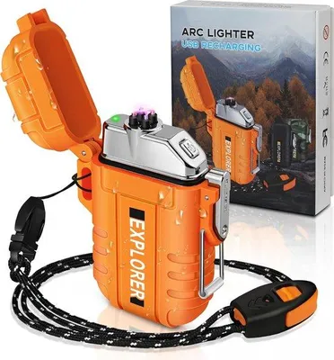 Immagine prodotto di Accendino elettrico portatile, impermeabile, con ricarica USB, dotato di 2 archi elettrici, ideale per campeggio, escursioni e kit di sopravvivenza all'aperto (arancione)