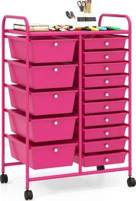 Produktbild von GOPLUS Rollwagen mit 15 Schubladen, Schubladenwagen Farbewahl, Beistellwagen Haushaltswagen Rollcontainer Badrollwagen Badtrolley Badregal (Rosarot)