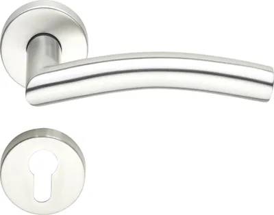 A stainless steel door handle and escutcheon plate are shown against a white background.
