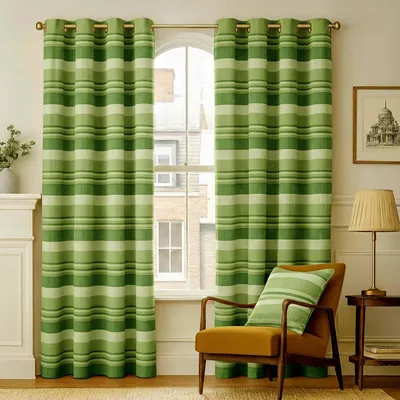 A living room scene with green striped curtains framing a window, a chair with a cushion, and a side table with a lamp.