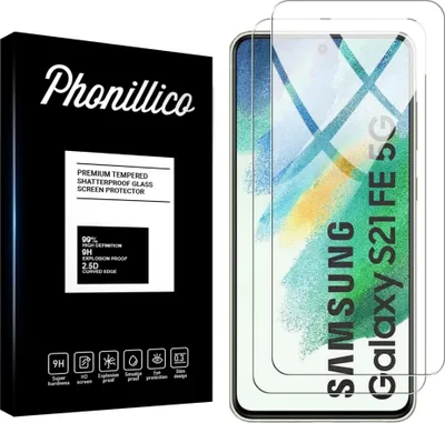 A product shot showing the packaging for a screen protector and the screen protector itself placed on a smartphone.