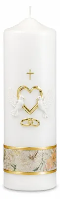 Produktbild von Hochzeitskerze Stumpenkerze mit Herz, Tauben & Kreuz mit Namen & Datum