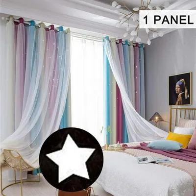 A bedroom scene with colorful curtains and a bed.
