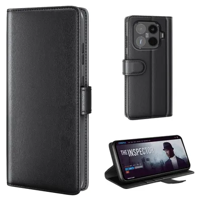 A collage of images showing a black leather flip phone case for a Xiaomi 15T Pro, including a close-up of the case and a phone inside it.
