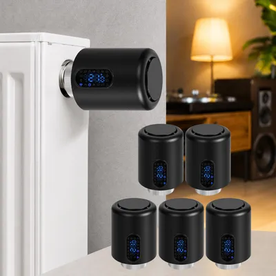 Obrázek produktu pro Chytrý termostat pro radiátory Eikuavons, WiFi, ovládání přes aplikaci, kompatibilní s platformami Smart Life/Tuya, černý, sada 5 kusů, včetně 7 adaptérů pro ventily