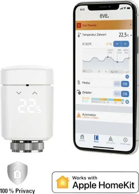 Produktbild von Eve Thermo - Smartes Heizkrperthermostat mit LED-Display, automatischer Temperatursteuerung, keine Bridge erforderlich, Bluetooth/Thread, Apple HomeKit,  Germany