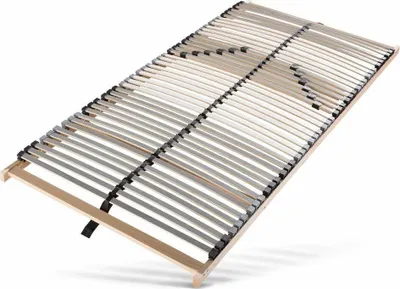 A wooden bed slatted base is shown from a diagonal angle against a white background.