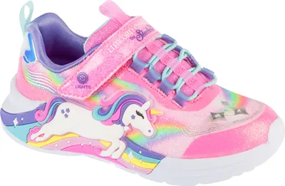 A single child's shoe with a unicorn and rainbow design.