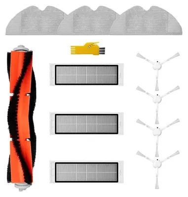 A collection of robot vacuum cleaner accessories laid out on a white background.
