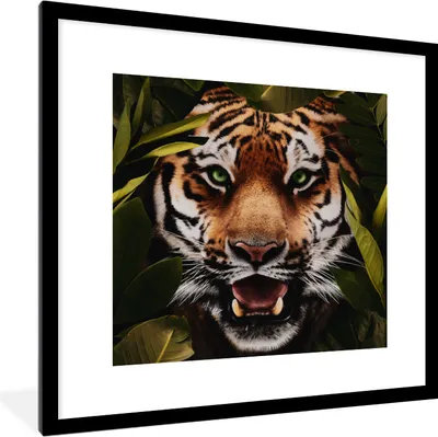 Produktbild von MuchoWow® MuchoWow® Gerahmtes Poster Tiger - Blätter - Tiere 40x40 cm - Poster mit zchwarzem Bilderrahmen - Poster - Plakat im Rahmen
