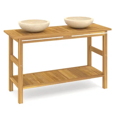 Produktbild von Waschtisch mit Creme Marmorbecken Massivholz Teak
