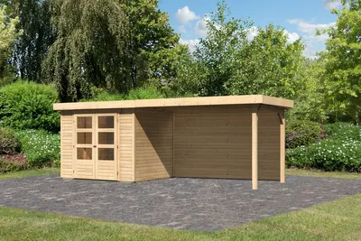 Produktbild von Karibu Gartenhaus Gerätehaus Askola 3 im Set mit Anbaudach 2,80 m Breite und 19 mm Rückwand naturbelassen 497x217x211 cm