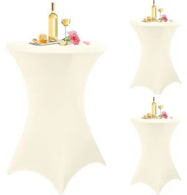 Productafbeelding van Set van 3 stretchhoes voor statafels, geschikt voor bistrotafels met een diameter van 80-85 cm, beige kleur, met versteviging aan de onderkant