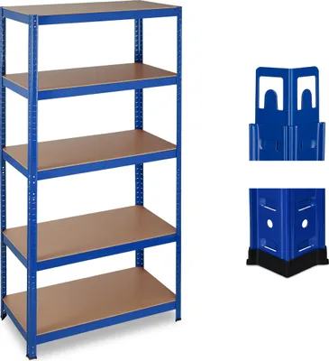Produktbild von 2 x Schwerlastregal, Traglast 875 kg, 5 Ebenen, zum Stecken, Keller, Garage, HxBxT 180 x 90 x 45 cm, Stahl & MDF, blau