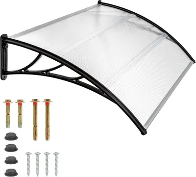 A product shot of a clear awning with black metal supports and mounting hardware.